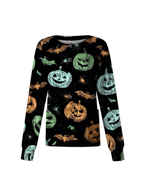 Halloween Scrub Top for Women Button Front Halloween Print Nurse Working Uniform Long Sleeve Funny Nurse Uniform Green M