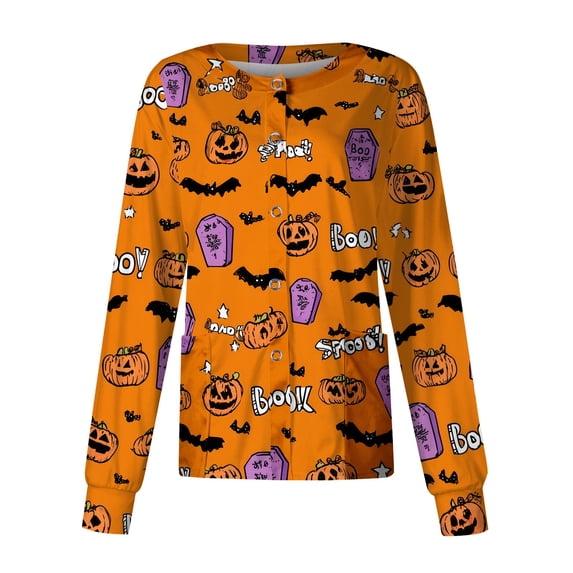 Domzest Halloween Scrub Top for Women Crew Neck Halloween Graphic Scrub Top Long Sleeve Funny Medical Workwear Jacket Saffron 5XL