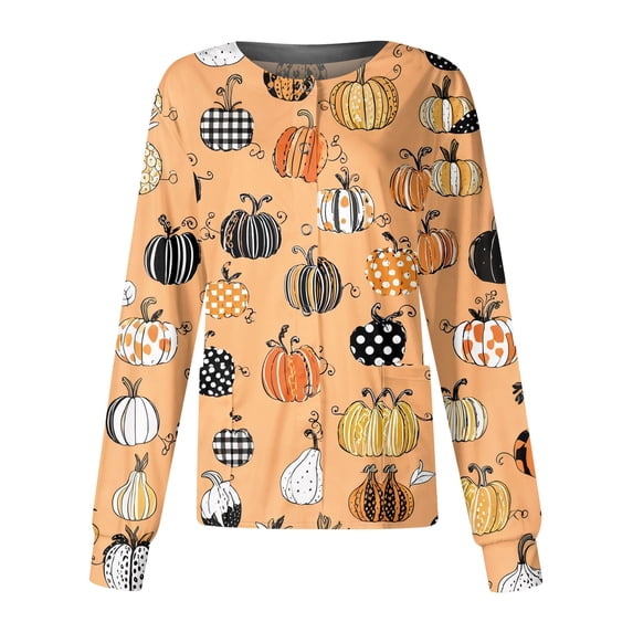 Domzest Halloween Scrub Top for Women Crew Neck Pumpkin Ghost Bat Print Nurse Working Uniform Button Front Cute Medical Workwear Jacket Orange S
