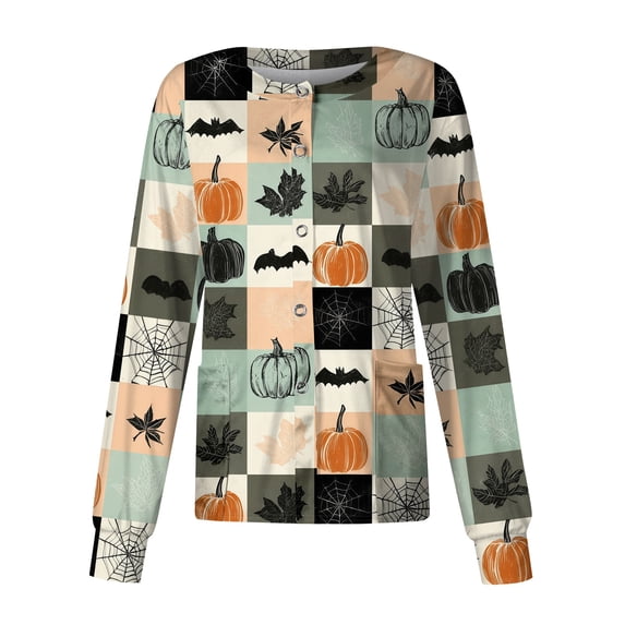 Domzest Halloween Scrub Top for Women Long Sleeve Halloween Graphic Nurse Uniform Crew Neck Cute Medical Workwear Jacket Green L