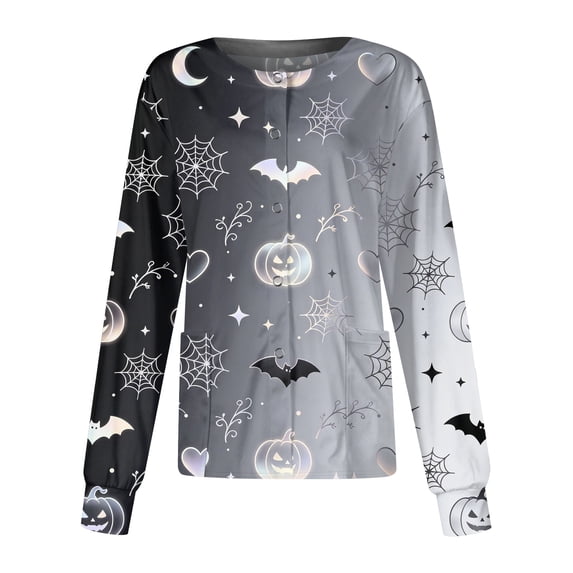 Domzest Halloween Scrub Top for Women Long Sleeve Halloween Graphic Scrub Top Crew Neck Funny Nurse Uniform Black 3XL