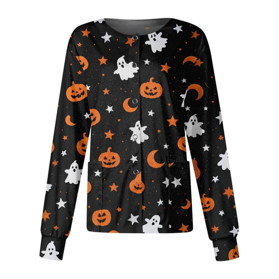 Domzest Halloween Scrub Top for Women Long Sleeve Halloween Print Nurse Working Uniform Button Front Funny Nurse Uniform White L