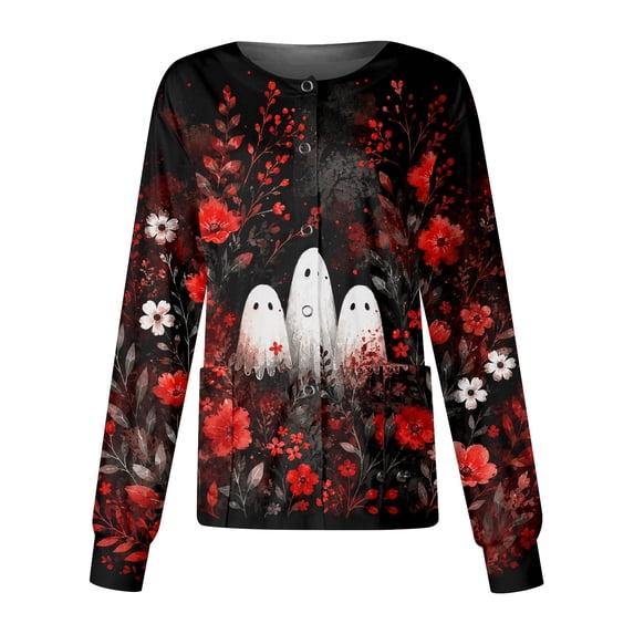 Domzest Halloween Scrub Top for Women Long Sleeve Pumpkin Ghost Bat Print Medical Workwear Jacket Button Front Funny Nurse Uniform Red 4XL