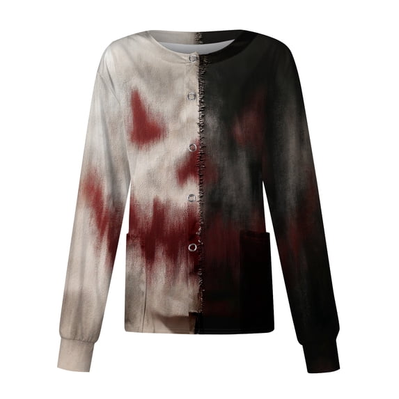Domzest Halloween Scrub Top for Women Pumpkin Ghost Bat Print Button Front Nurse Working Uniform Cute Long Sleeve Medical Workwear Jacket Gray M