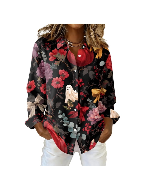 Halloween Shirt Womens Button Down Lapel Collared Black Cat Pumpkin Printed Blouse Spooky Black Cat Graphic Loose Fit Funny 2026 Tops Wine XL