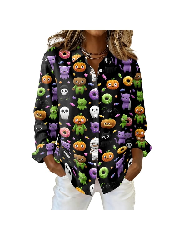 Halloween Shirt Womens Button Down Lapel Collared Black Cat Pumpkin Printed Shirts Spooky Black Cat Graphic Loose Fit Cute 2026 Tops Black 2XL