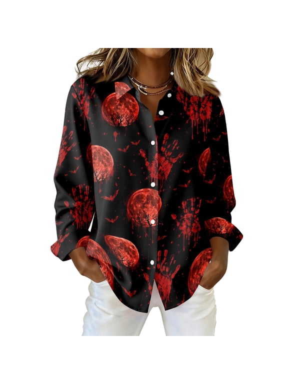 Halloween Shirt for Women Button Down Long Sleeve Spooky Black Cat Graphic Costumes Pumpkin Ghost Printed Loose Fit Funny 2026 Tops Red M