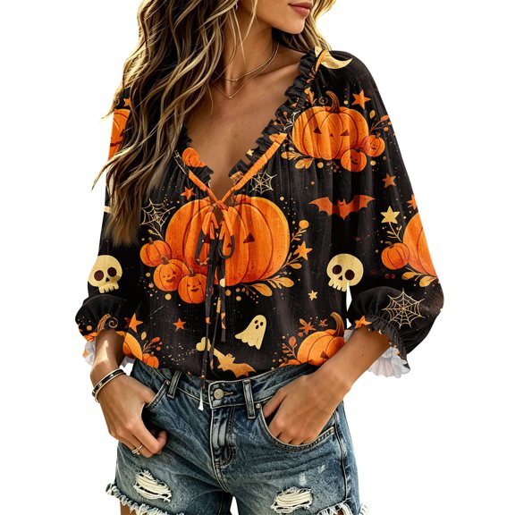 Domzest Halloween Shirts for Women Spider Web Star Printed 3/4 Sleeve Shirt V Neck Tie Front Cute Pumpkin Bat Graphic Blouse Saffron XXL