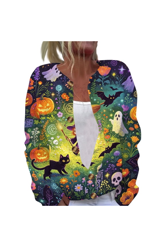 Halloween Sweaters for Women Button Knit Long Sleeve Sweater Funny Spooky Pumpkin Graphic Fall Winter Cardigan Green 3XL