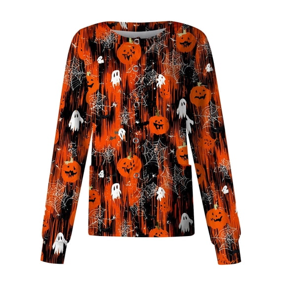 Domzest Halloween Women Long Sleeve Scrubs Jacket Halloween Print Button Front Nurse Uniform Funny Nurse Working Uniform Red L