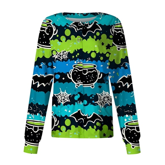 Domzest Halloween Women Nurse Jacket Button Front Pumpkin Ghost Bat Graphic Medical Workwear Jacket Funny Scrub Top Dark Blue 2XL