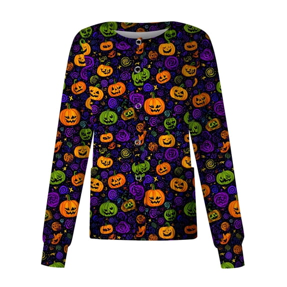 Domzest Halloween Womens Scrub Top Pumpkin Ghost Bat Print Long Sleeve Nurse Uniform Funny Button Front Scrub Top Purple M