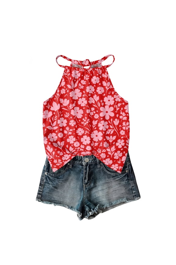 Halter Tops for Women Back Bow Tie Sleeveless Bohemian Print Blouse Casual Loose Fit Keyhole Back Camisole for Daily Wear Red L