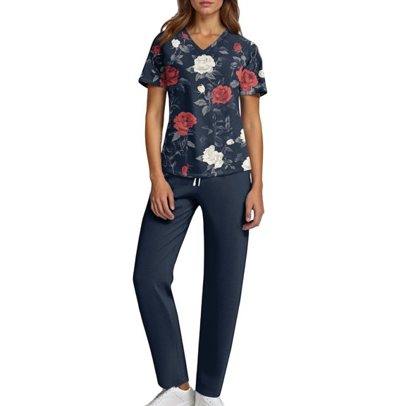 Domzest Jogger Scrubs for Women Plus Size Scrub Set Stretchy V-Neck Yoga Scrub Pants and Tops Nurse Uniforms Medical Scrub Sets Clothing Set for Women M