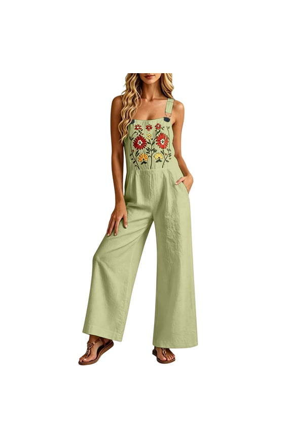 Domzest Jumpsuits for Women Boho Embroidered Floral Wide Leg Rompers Lightweight Sleeveless Overalls with Pockets Green 2XL