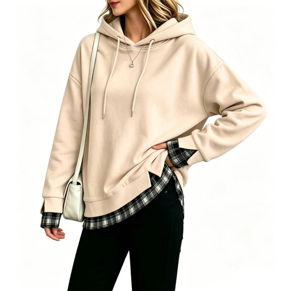 Domzest Layered Hoodies Sweatshirt for Women Plaid Patchwork 2 In 1 Hooded Pullover Fall Winter Side Slit Loose Fit Sweatshirts Beige XL