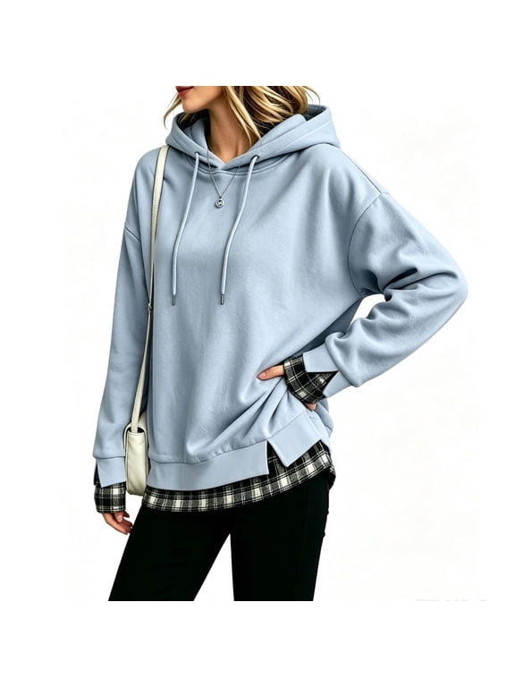 Layered Hoodies Sweatshirt for Women Plaid Patchwork 2 In 1 Hooded Pullover Fall Winter Side Slit Loose Fit Sweatshirts Blue M