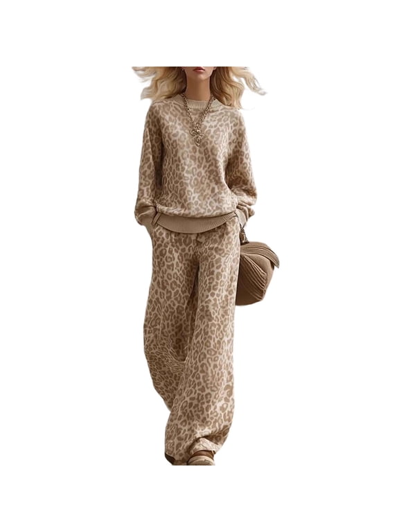 Leopard Print Sweatshirt Two‑Piece Outfit Womens Long Sleeve Crew Neck Sweatshirt Top & Wide Leg Pants Fall Winter Loungewear Set