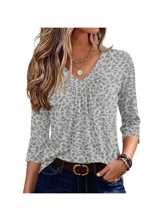 Leopard Print Top for Women V Neck 3/4 Length Sleeve Shirt Pleated Front Trendy Casual Tunic Tops for Dailywear