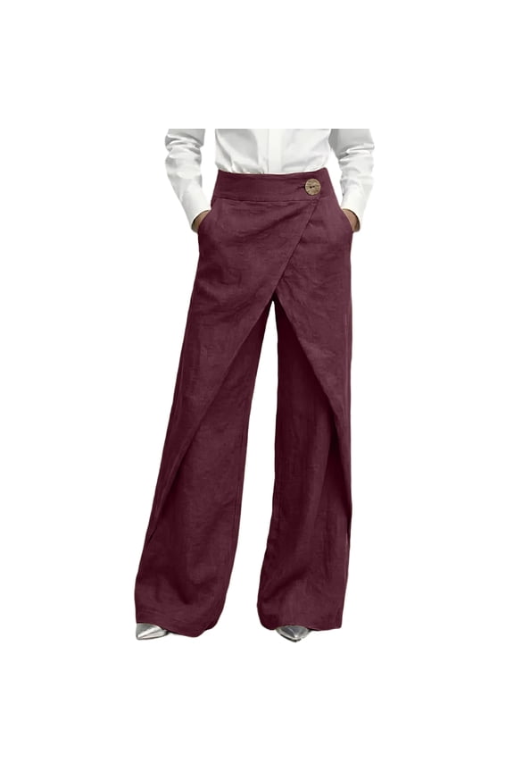 Linen Pants for Women High Waist Wrap Front Split Wide Leg Pants Cross Over Front Flowy Trousers with Side Pockets Wine L
