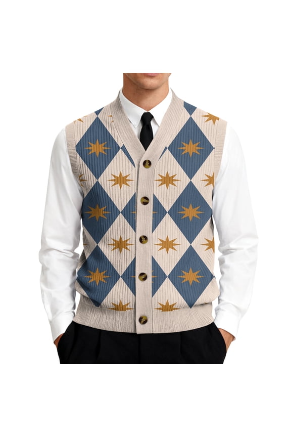 Men Cardigan Sweater Slim Sleeveless V Neck Sweater Vest Casual Checkered Print Button Up Sweater Fall Fashion Knit Tops Brown M