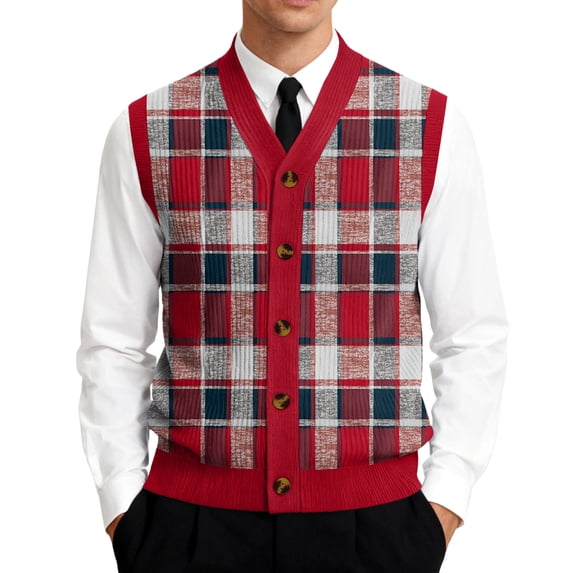 Domzest Men Sweater Vest Tailored Fit Sleeveless V Neck Knit Sweaters Comfort Plaid Print Button Up Sweater Vest Winter Trendy Tops Red 3XL