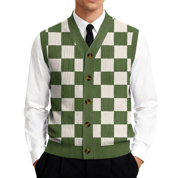 Domzest Men Sweaters Tailored Fit Sleeveless V Neck Sweater Vest Comfort Checkered Print Button Up Sweaters Autumn Fashion Knit Top Green L