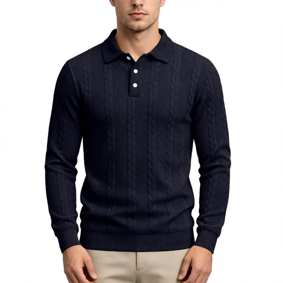 Domzest Men Vertical Cable Twist Jacquard Knitted Polo Long Sleeve ...
