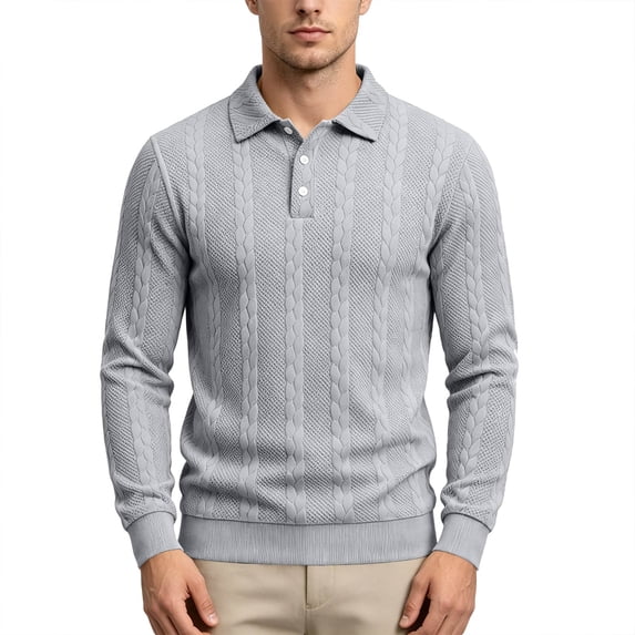 Domzest Men Vertical Cable Twist Jacquard Knitted Polo Long Sleeve ...