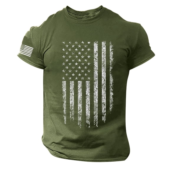 Domzest Men's American Flag Patriotic T-Shirts Short Sleeve 4th of July Shirt Crew Neck Summer Workout Tops USA Flag Graphic Tees Army Green 2XL