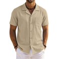 thumbnail image 1 of Domzest Men's Button Down Shirts Short Sleeve Casual Textured Cuban Collar Shirt with Chest Pocket Khaki M, 1 of 4