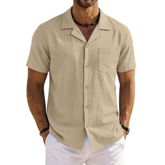 Domzest Men's Button Down Shirts Short Sleeve Casual Textured Cuban Collar Shirt with Chest Pocket Khaki M