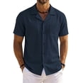 thumbnail image 1 of Domzest Men's Button Down Shirts Short Sleeve Casual Textured Cuban Collar Shirt with Chest Pocket Navy 2XL, 1 of 4