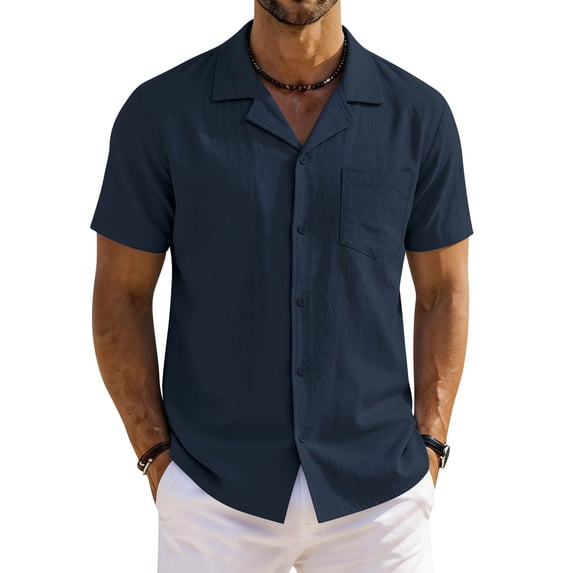 Domzest Men's Button Down Shirts Short Sleeve Casual Textured Cuban Collar Shirt with Chest Pocket Navy 2XL