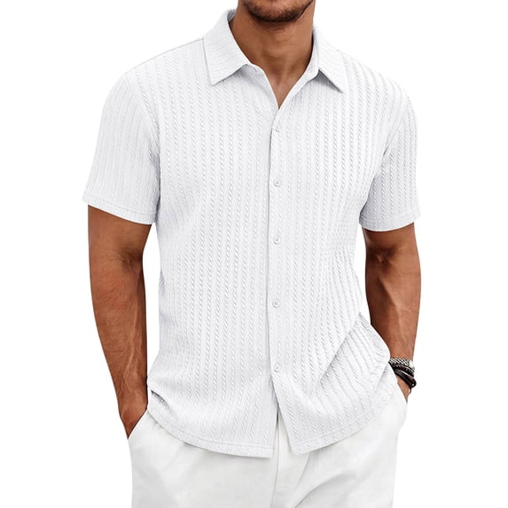 Domzest Men's Button Down Shirts Short Sleeve Collared Shirt Summer Casual Striped Textured Beach Shirt White S