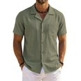 thumbnail image 1 of Domzest Men's Button Down Shirts Short Sleeve Summer Casual Textured Cuban Collar Shirt with Chest Pocket Army Green M, 1 of 4