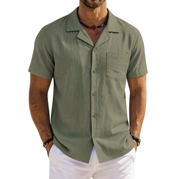 Domzest Men's Button Down Shirts Short Sleeve Summer Casual Textured Cuban Collar Shirt with Chest Pocket Army Green M