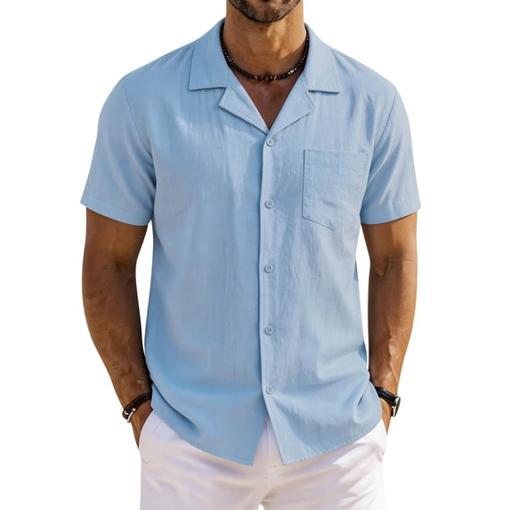 Domzest Men's Button Down Shirts Short Sleeve Summer Casual Textured Cuban Collar Shirt with Chest Pocket Sky Blue XL