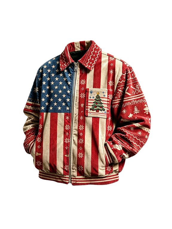 Men's Christmas Printed Corduroy Jacket Full Zip Collared Casual Bomber Jacket with Holiday Pattern