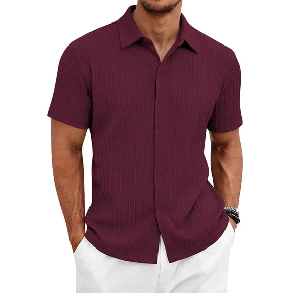 Domzest Men's Collared Shirts Short Sleeve Button Down Shirt Summer Casual Striped Textured Beach Shirt Wine XL