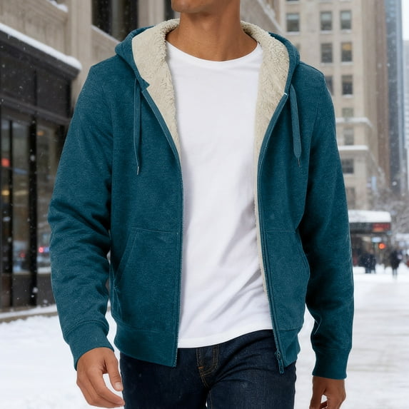 Domzest Men's Hoodies Solid Color Thermal Sherpa Lined Hooded Sweatshirts Relaxed Fit Full Zipper Drawstring Jackets Winter Casual Coats with Pockets Blue S
