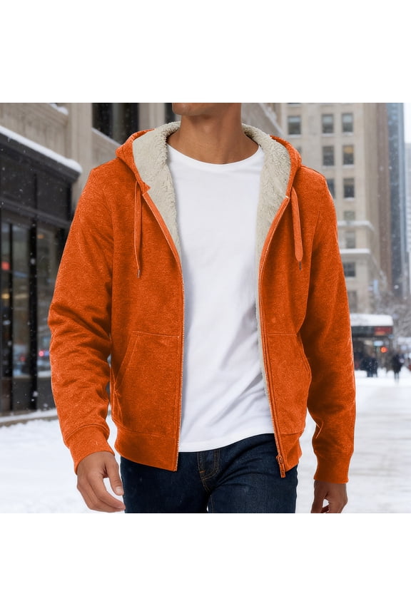 Men's Hoodies Solid Color Zip Up Drawstring Sweatshirts Relaxed Fit Warm Sherpa Lined Hooded Jacket Autumn Fashion Coat with Pockets Orange L