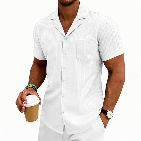 Domzest Men's Short Sleeve Button Down Shirt Casual Textured Cuban Collar Shirts with Chest Pocket White XL