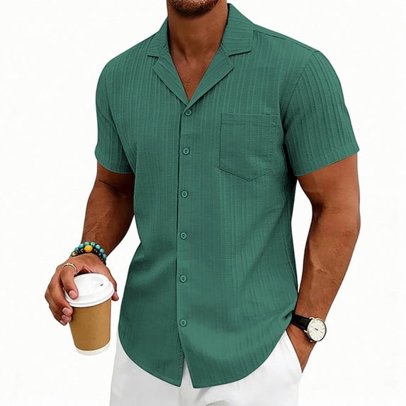 Domzest Men's Short Sleeve Button Down Shirt Summer Casual Textured Cuban Collar Shirts with Chest Pocket Green 2XL