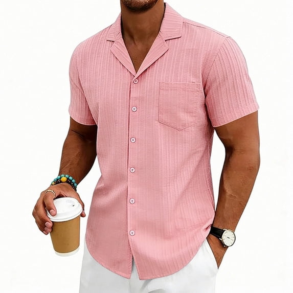 Domzest Men's Short Sleeve Button Down Shirt Summer Casual Textured Cuban Collar Shirts with Chest Pocket Pink 2XL