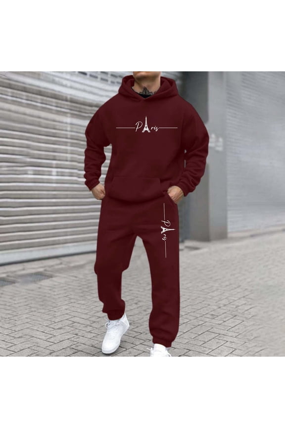 Men's Tracksuits Two Piece Tracksuits Joggers Drawstring letter Print Comfort Hoodies Autumn Long Sleeve Matching Round Neck Sweatsuits Sports Pants Suits Sets Wine 2XL-Large