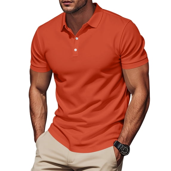 Domzest Mens Big & Tall Polo Shirt Short Sleeve Button Up Lapel Collar Quick Dry Golf Top Classic Breathable Solid Work Shirts Orange 3XL