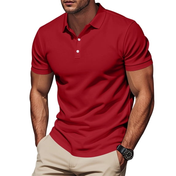 Domzest Mens Big & Tall Polo Shirt Short Sleeve Button Up Lapel Collar Quick Dry Golf Top Classic Breathable Solid Work Shirts Red L