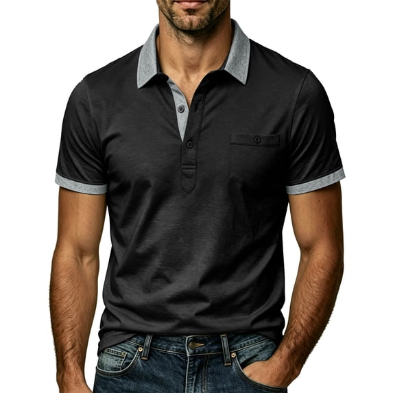 Domzest Mens Contrast Collar Polo Shirt Short Sleeve Button Up Golf Top with Placket Chest Pocket Black M