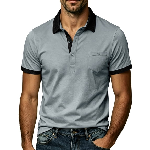 Domzest Mens Contrast Collar Polo Shirt Short Sleeve Button Up Golf Top with Placket Chest Pocket Light Gray 2XL